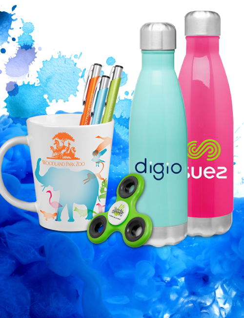 cups, pens, hand spinners and reusable water bottles